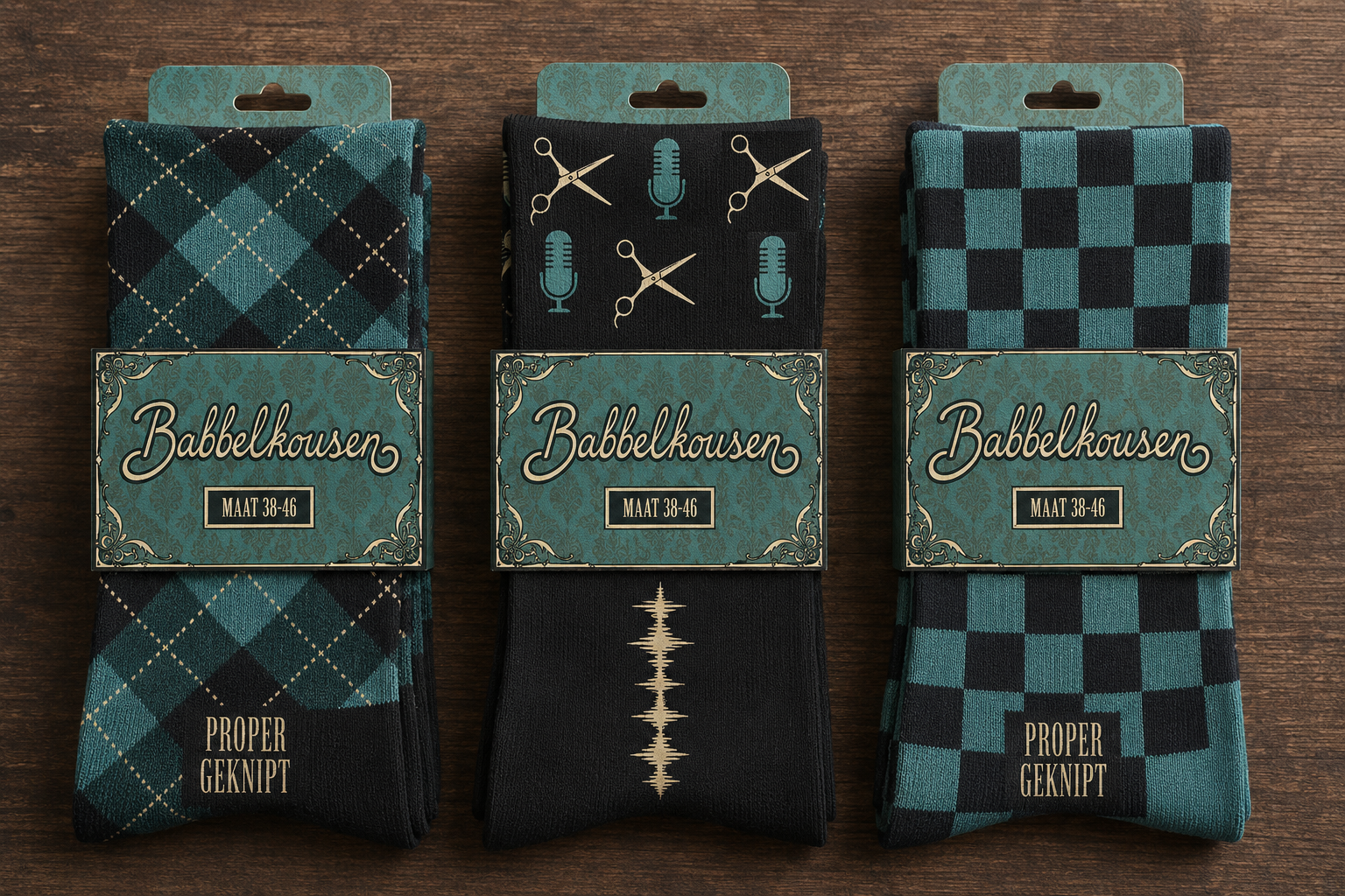 Drie paar Proper Geknipt babbelkousen op een houten tafel